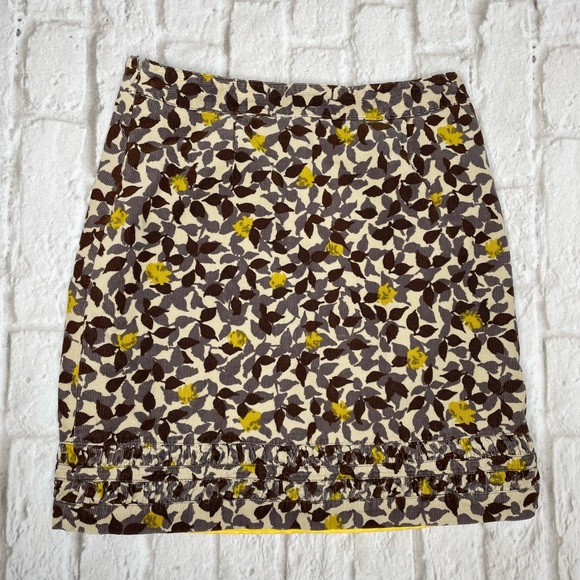 Boden Corduroy Floral Skirt Women’s 6 Brown Yellow Ruched Hem Leaves Lined - Picture 1 of 8